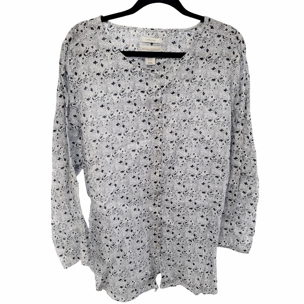 CYNTHIA ROWLEY 100% Linen Roll Tab long Sleeve Blouse Button Front Size 2X